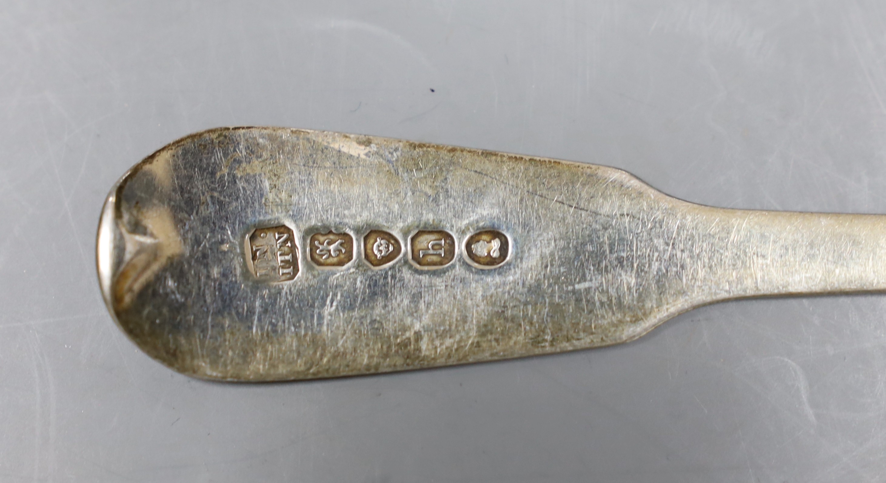 A mixed part canteen of George III and later silver mainly fiddle or fiddle and thread flatware, various dates and makers, comprising thirty two items
